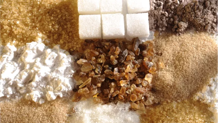 Different types of sugar (white & brown sugar cubes, syrup and granulated sugar) 